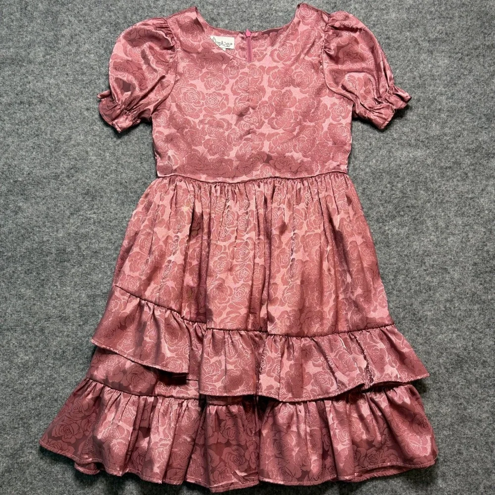 PIPPA & JULIE Girls Pink Rose Jacquard Tiered Ruffle Party Dress Size 10